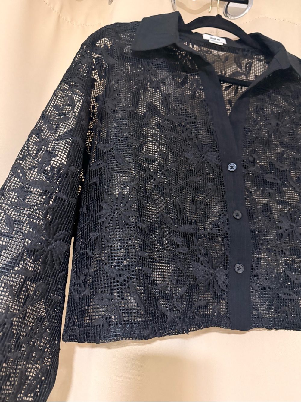 Jason Wu Black Sheer Lace Button-Front Crop Blouse - Picture 3 of 4